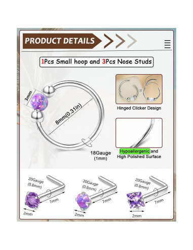 Juego de 4 Aros de Nariz Acero Inoxidable Hipoalergénicos 18G