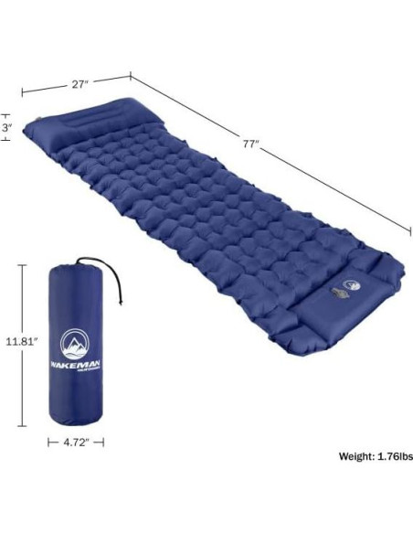 Colchón Inflable para Camping Wakeman - Almohadilla Azul con Bomba