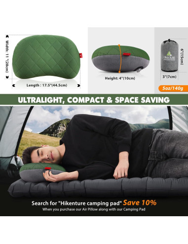Almohada Inflable de Camping Hikenture Verde 43.2x26.7 cm