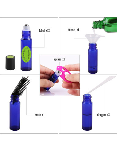 12 Botellas Roller de Vidrio Azul Cobalto 10ml inice