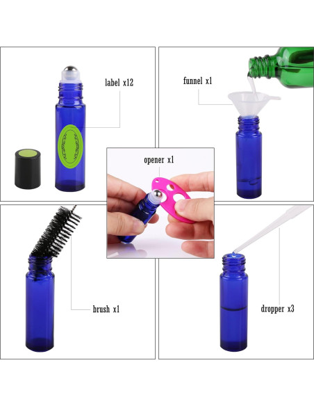 12 Botellas Roller de Vidrio Azul Cobalto 10ml inice