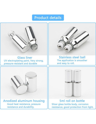 8 Botellas de Rodillo de Vidrio 5ml Newzoll Plateadas UV