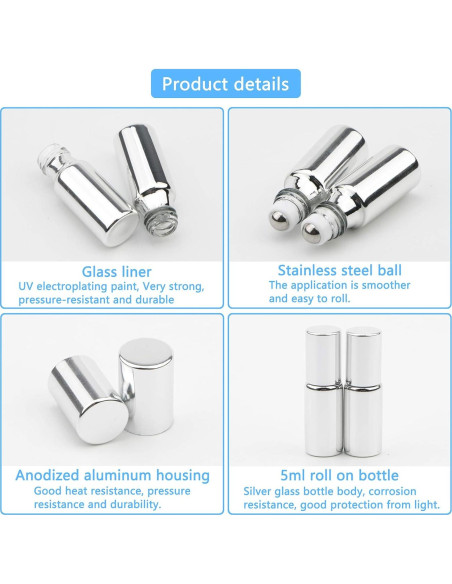8 Botellas de Rodillo de Vidrio 5ml Newzoll Plateadas UV