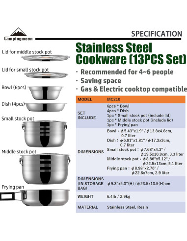 Juego de Utensilios de Cocina Camping Moon 13 Piezas Acero Inoxidable