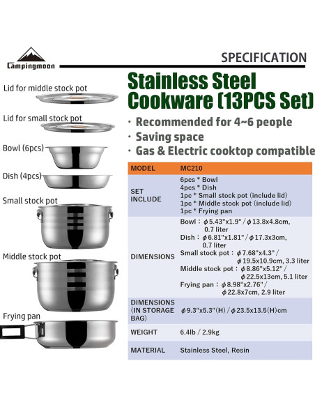 Juego de Utensilios de Cocina Camping Moon 13 Piezas Acero Inoxidable