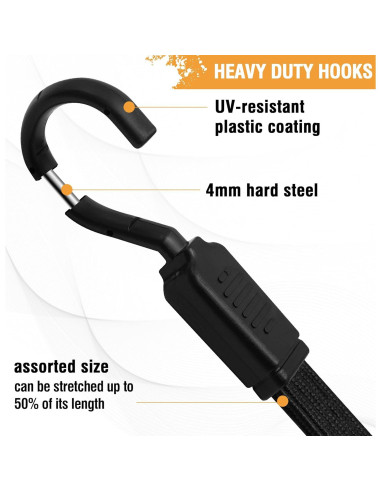 Cuerdas Bungee Rugtol 80 cm con Ganchos Metálicos - Paquete de 4