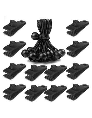 24 Clips de Lona y Cuerdas de Bungee CLIO 6 Pulgadas