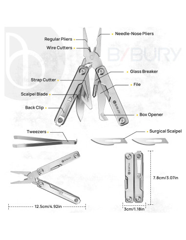 Mini Multiherramienta BIBURY BI2051A, Alicates EDC de Acero Inoxidable