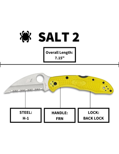 Cuchillo Spyderco Salt 2 Wharncliffe H-1 7.34 cm Mango FRN Amarillo