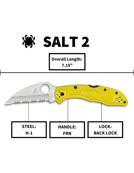 Cuchillo Spyderco Salt 2 Wharncliffe H-1 7.34 cm Mango FRN Amarillo