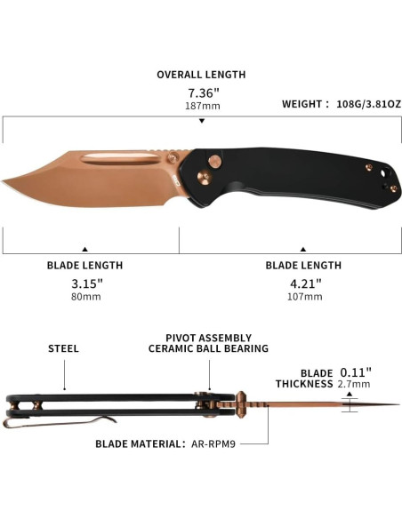 Cuchillo Plegable CJRB Bowie Pyrite 8 cm Rosa Oro Acero