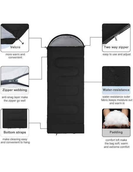 Saco de Dormir Favorland Ligero 3 Estaciones 5-20C Negro