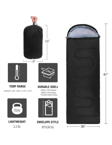 Saco de Dormir Favorland Ligero 3 Estaciones 5-20C Negro