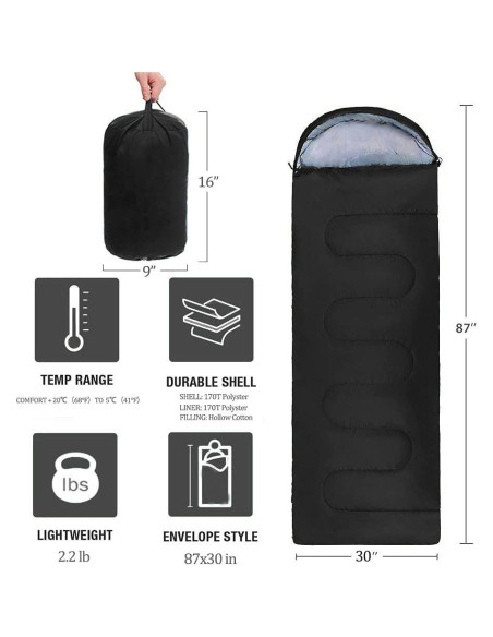 Saco de Dormir Favorland Ligero 3 Estaciones 5-20C Negro