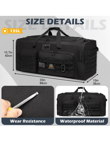Bolsa de viaje táctica SunForMorning 135L negra con bolsillo aislado