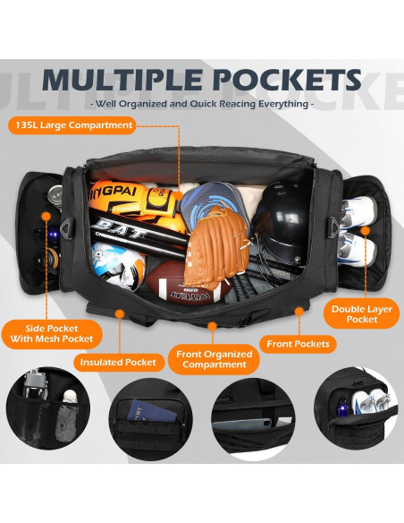 Bolsa de viaje táctica SunForMorning 135L negra con bolsillo aislado