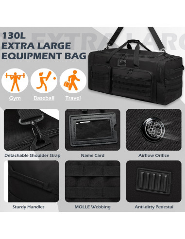 Bolsa de viaje táctica SunForMorning 135L negra con bolsillo aislado