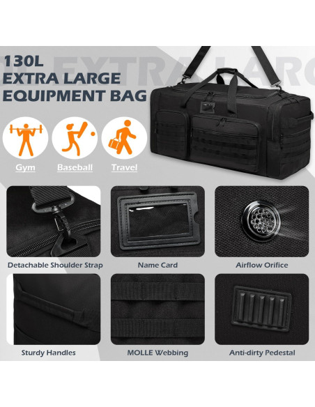 Bolsa de viaje táctica SunForMorning 135L negra con bolsillo aislado