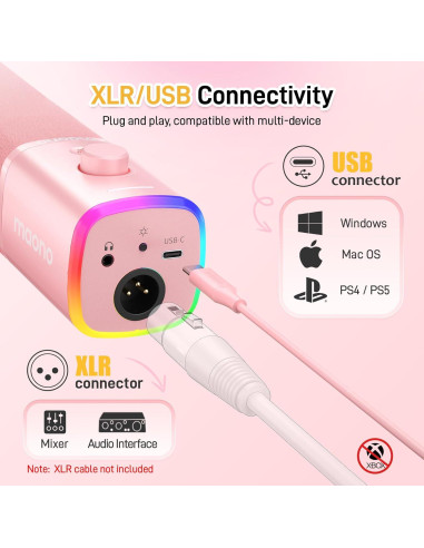 Micrófono Dinámico USB XLR MAONO PD100XS Rosa para Juegos