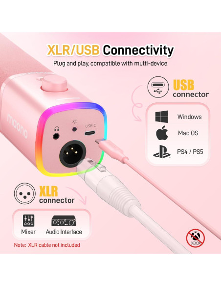 Micrófono Dinámico USB XLR MAONO PD100XS Rosa para Juegos