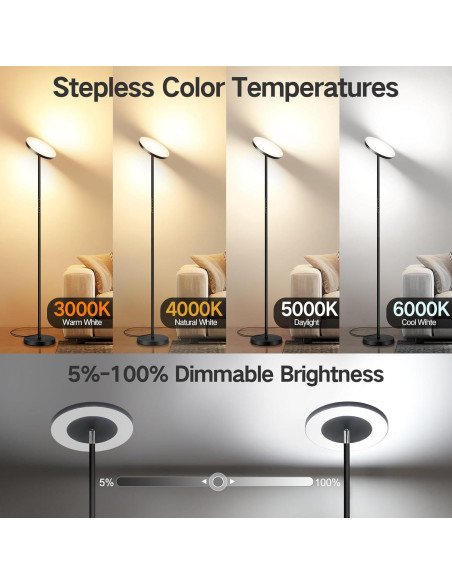 Lámpara de Pie LED OUTON Torchiere Regulable 180 cm Negro