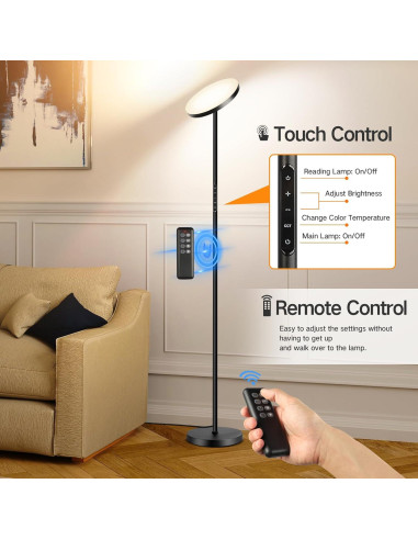 Lámpara de Pie LED OUTON Torchiere Regulable 180 cm Negro