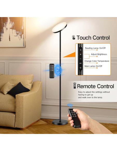 Lámpara de Pie LED OUTON Torchiere Regulable 180 cm Negro