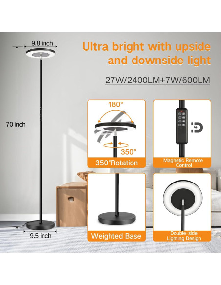 Lámpara de Pie LED OUTON Torchiere Regulable 180 cm Negro