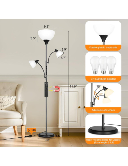 Lámpara de Pie Dimmable OUTON 3 Luces LED Control Remoto