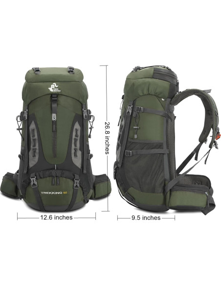 Mochila de Senderismo Bseash 60L Impermeable Verde Militar