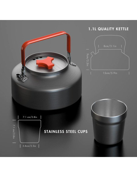 Juego de Tetera de Camping Lixada 1.1L con 2 Tazas de Acero