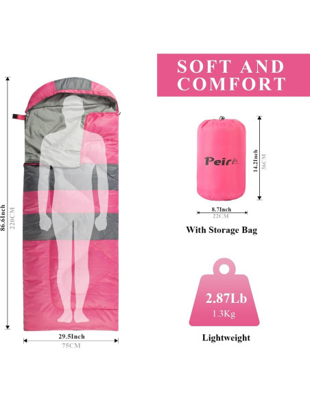 Saco de Dormir Peirhw 3 Temporadas Impermeable 1.3 kg Rosa