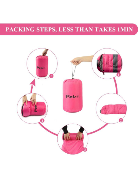 Saco de Dormir Peirhw 3 Temporadas Impermeable 1.3 kg Rosa