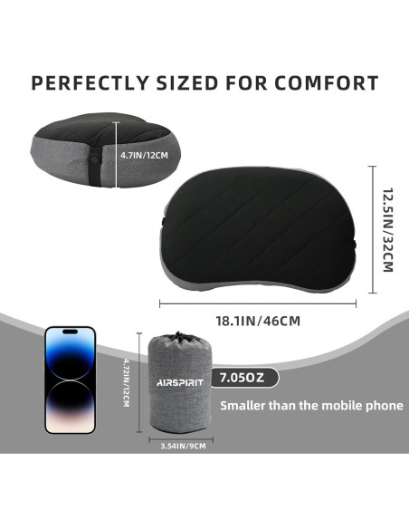 Almohada Inflable de Camping AIRSPIRIT 02 BK - Compacta y Lavable