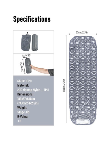 Colchón Inflable Ultraligero iClimb Plata 189x57cm 30s Inflado