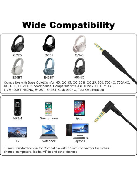 Cable de Audio Xivip 1.5m con Micrófono para Auriculares Bose QC45 QC35