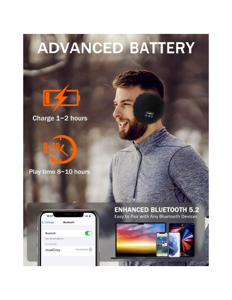 Auriculares Bluetooth MUSICOZY GH12 Orejeras Calentadoras Negro
