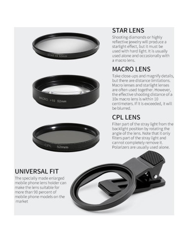 Filtro de Lente 3 en 1 EMVANV para Teléfono 52mm CPL Macro Estrella