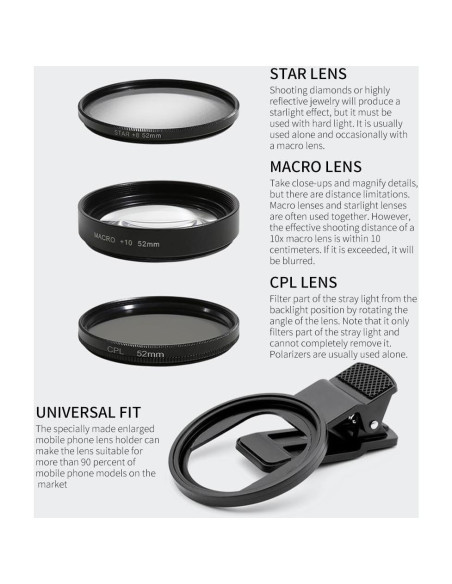 Filtro de Lente 3 en 1 EMVANV para Teléfono 52mm CPL Macro Estrella