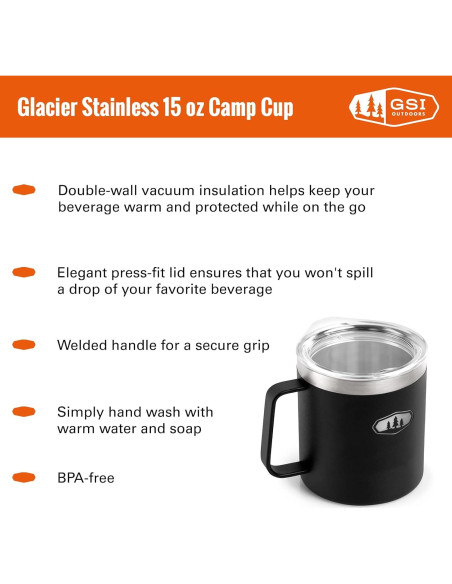 Taza de Campamento GSI Outdoors Glacier 450 ml Negra Aislada