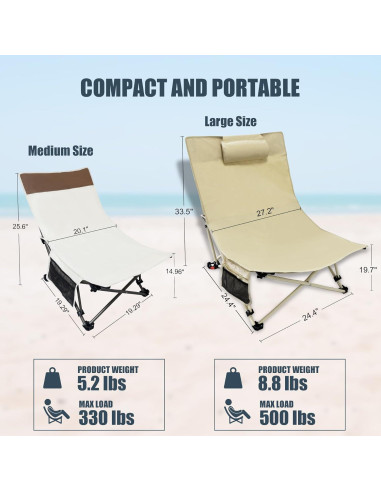 Sillas de Playa Plegables WTVIDAS 2 Unidades con Respaldo Ajustable