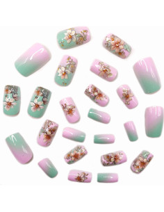 24 Uñas Postizas Cortas OCOUYVD Floral Rosa y Blanco 2
