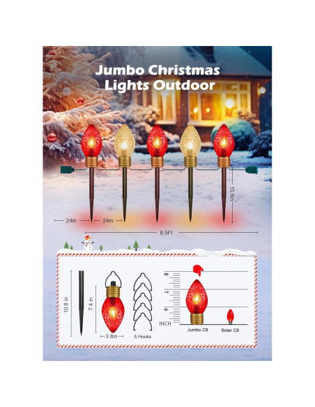 Luces de Camino Jumbo C9 Navidad 5 LED Rojo y Blanco 3.2m