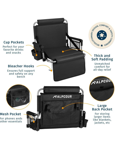 Asiento de Graderías Plegable Alpcour Deluxe Negro 53.34 cm