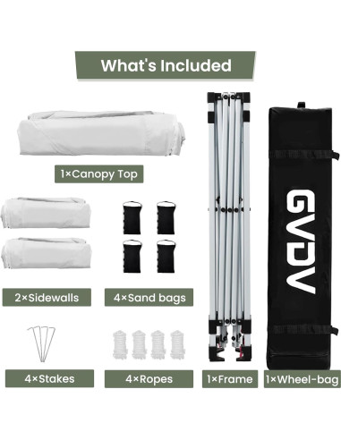 Carpa Plegable GVDV 3x3m Blanca con 2 Paredes Laterales