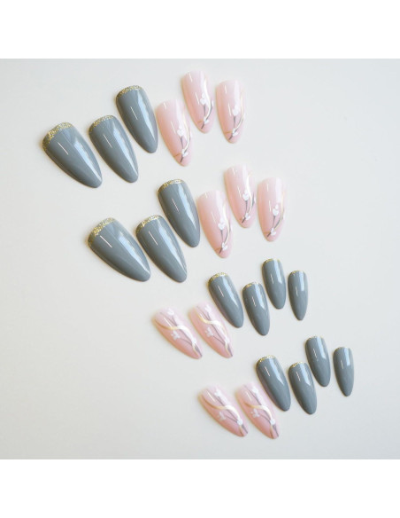 Uñas Postizas Vezocim Almendra Media Grises 24 Piezas