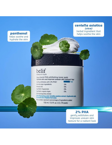 Almohadillas de Tónico belif PHA 2% - Hidratantes y Calmantes 70 Unidades