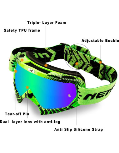 Gafas de Motocross NENKI NK-1019 Anti Niebla Verde Iridiscente