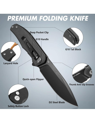Cuchillo de bolsillo plegable FLISSA G10 11.43 cm acero D2 negro