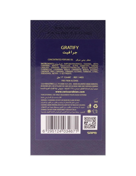 Aceite de Perfume Swiss Arabian Gratify 11.34 ml - Unisex